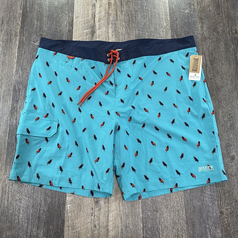 NWT‎ Duluth Trading Company Mens Board Shorts Sz 48 Blue Drawstring Parrot Print